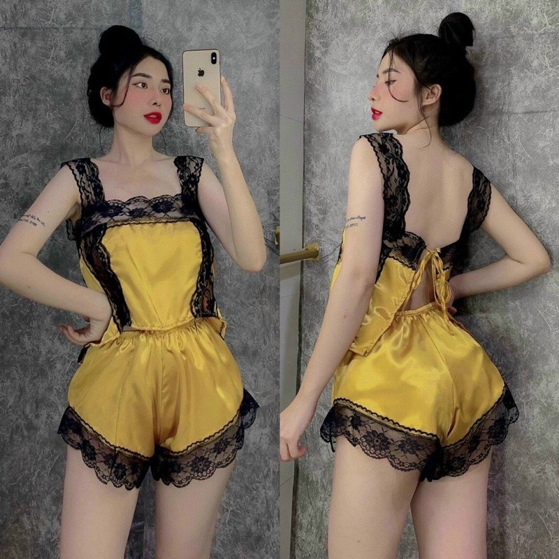 Sét đồ ngủ hai dây cột nơ tầng dễ thương lụa satin