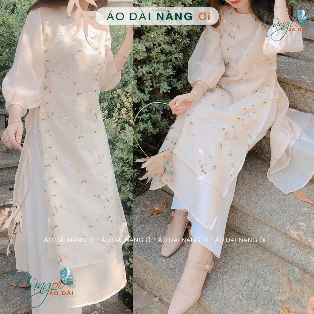 Áo Dài Cách Tân Nữ Hoa Nhí 3D Tay Bồng Cổ Tròn Ren Hoa Nổi NA021