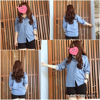 Áo Sơ mi oversize xanh dương sọc trắng