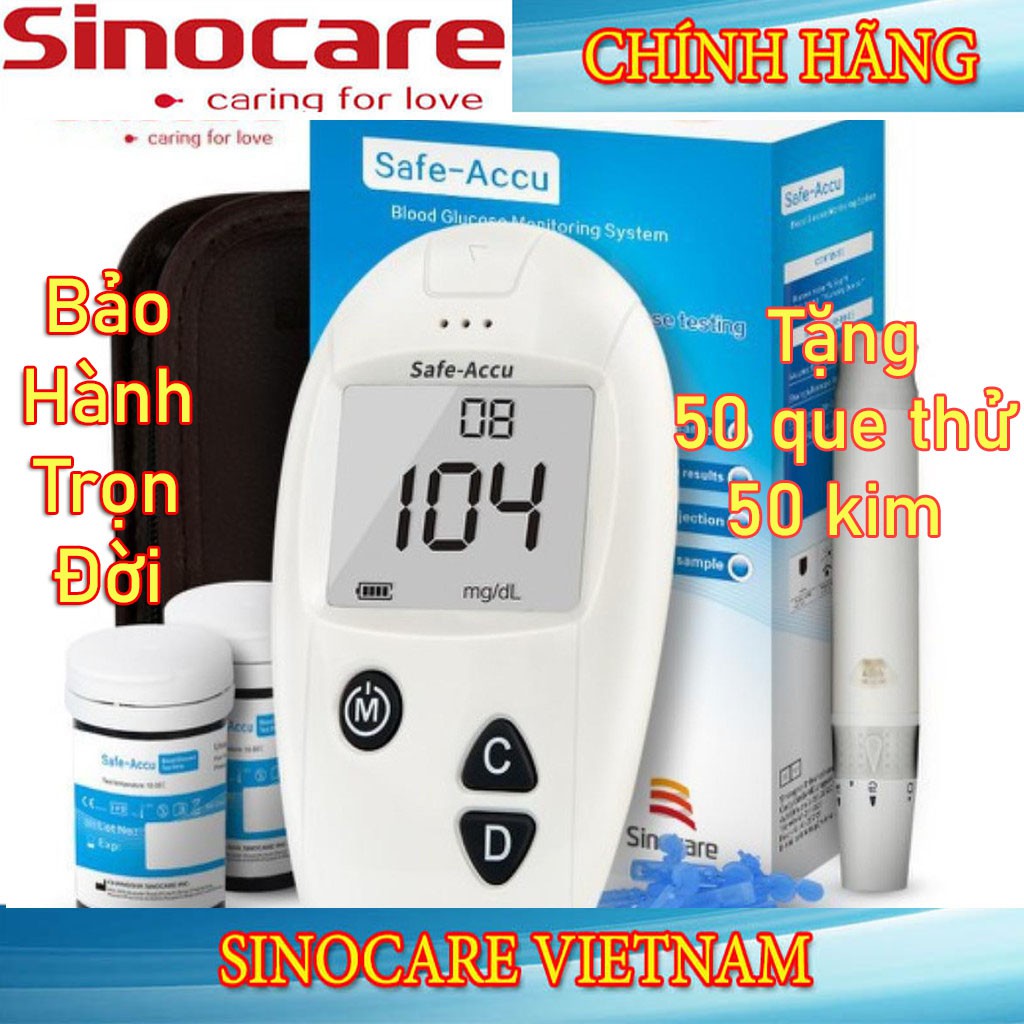 [Mã FMCGMALL -8% đơn 250K] Máy Đo Đường Huyết Safe - Accu Chính Hãng SINOCARE Giá Rẻ Tặng Kèm 50 Kim Que Thử + 50 Kim