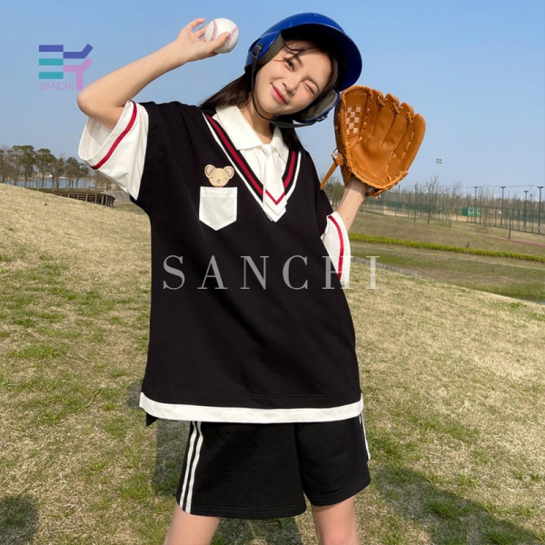 SANCHI Sportswear Set Includes Fake Two-Piece T-shirt Summer Fashion Shorts Women loose Plaid pleated skirt