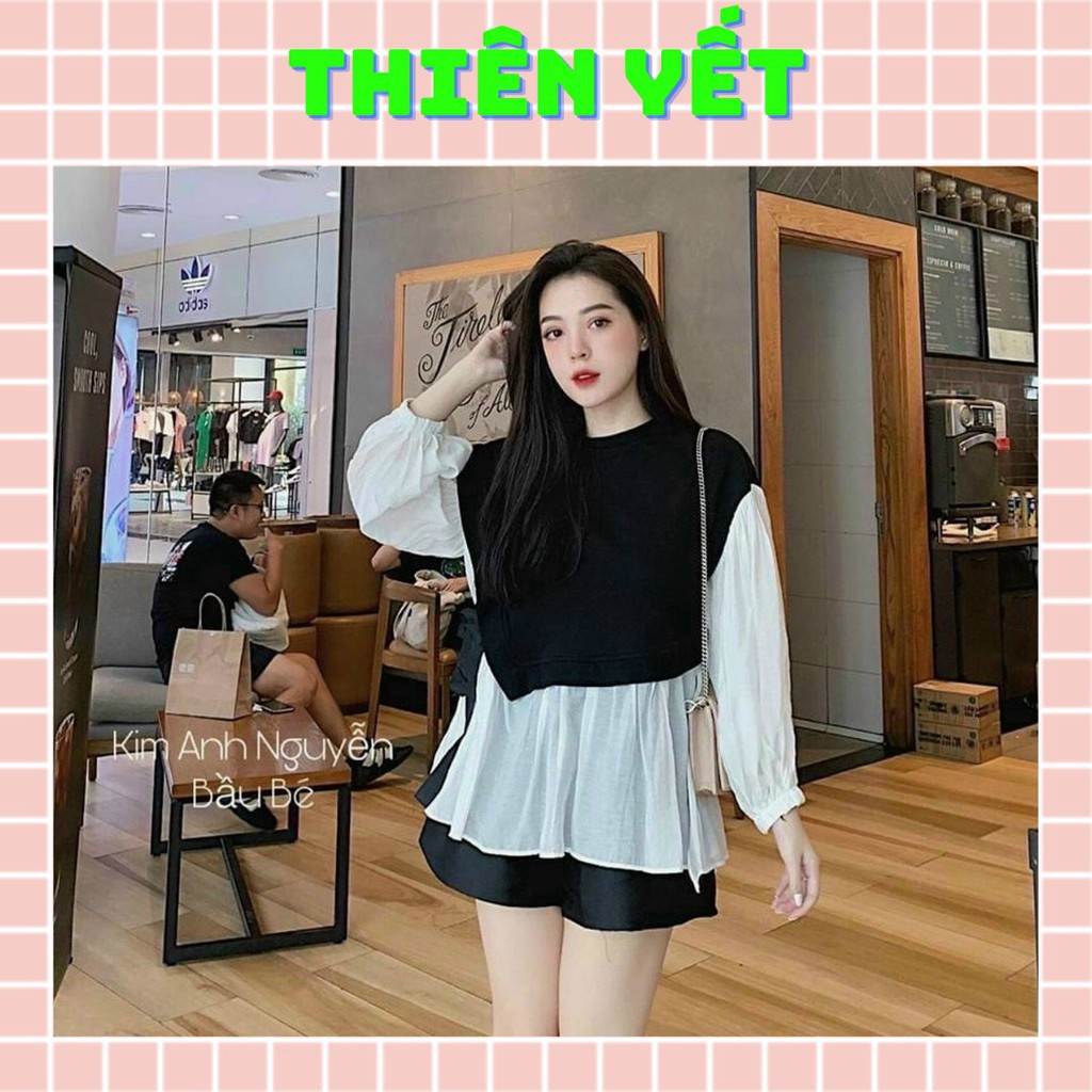 Áo babydoll phối gân cột nơ tay dài cổ tròn