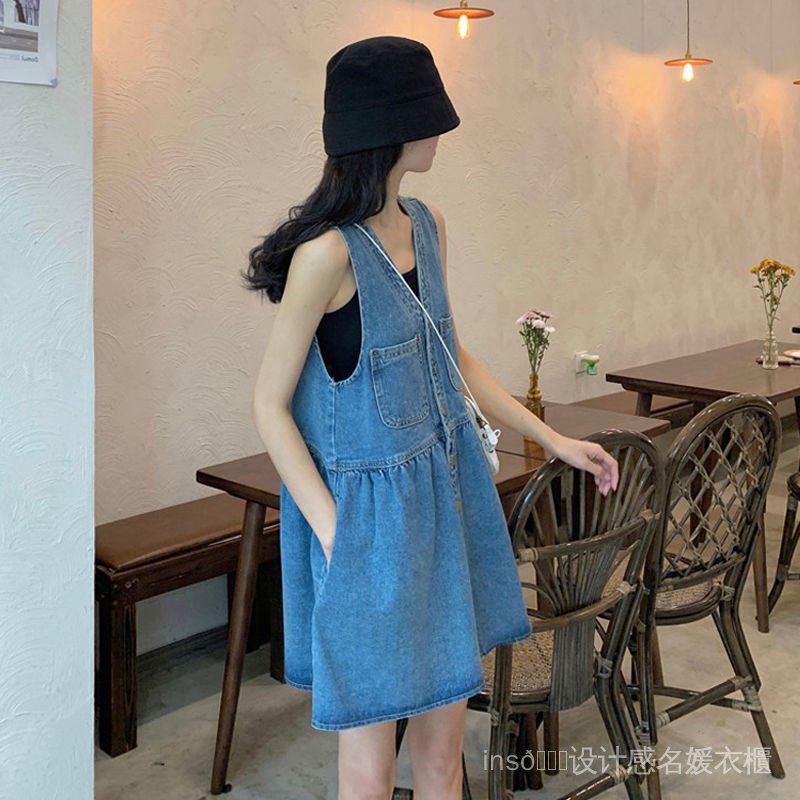 Đầm Denim dáng chữ A cổ chữ V thiết kế trẻ trung cho nữ ty5U