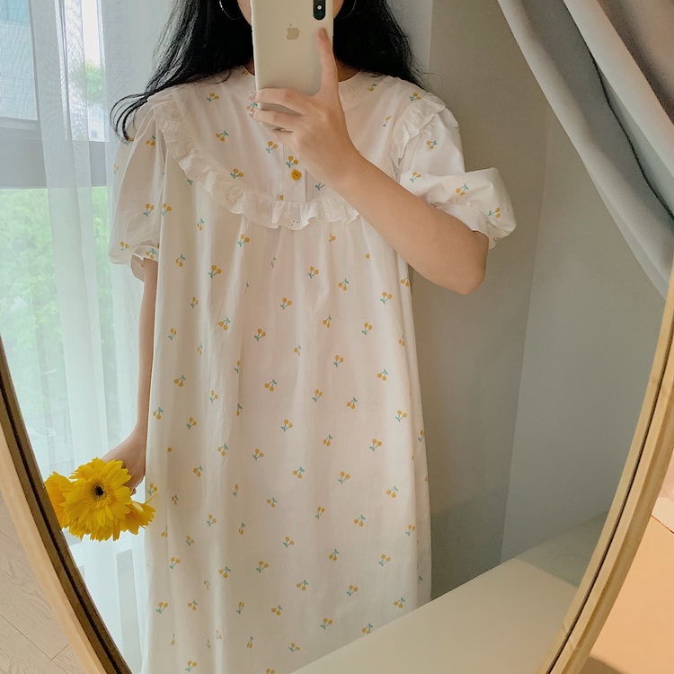 Đồ ngủ Dáng Dài Tay Ngắn Màu Trắng Phong Cách Công Chúa Xinh Xắn