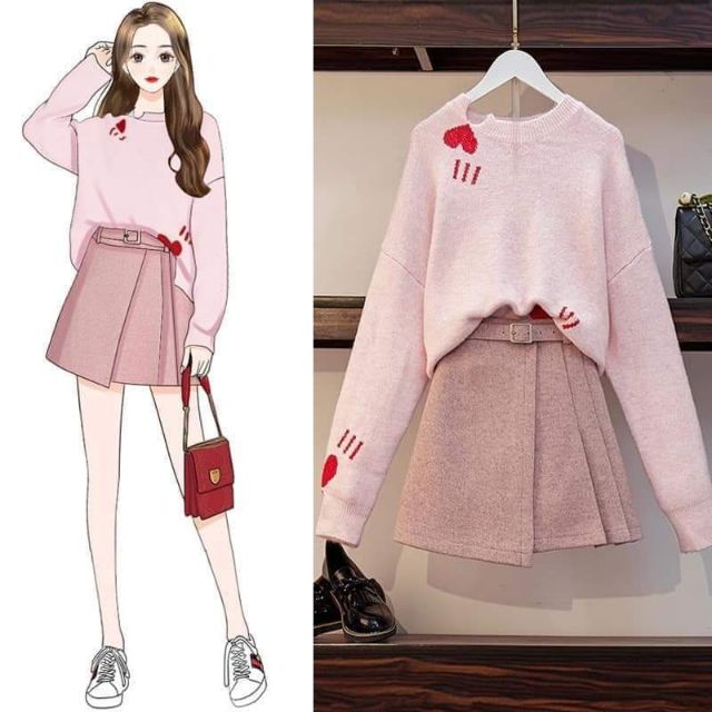 Chân váy xòe dạ + áo len hồng đanh mịn, set đồ sang chảnh đẹp mê li.