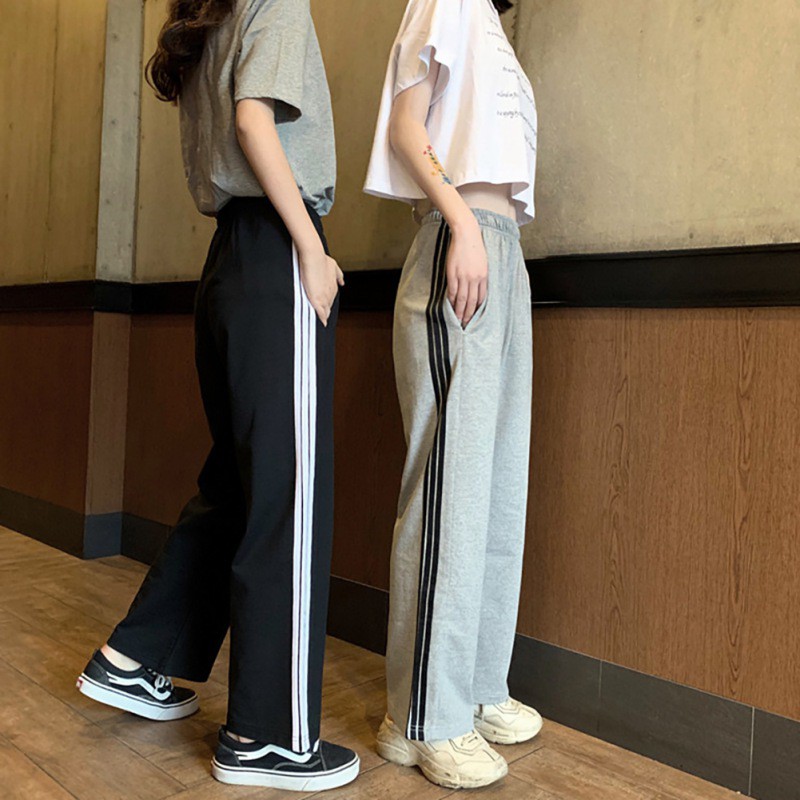 Korean Striped Wide Leg Pants Loose High Waist Women Straight Sport Pants For Women