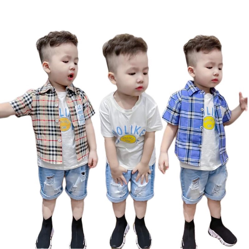 (jean baby kho sỉ) sét bộ sơ mi kẻ bbr 3 chi tiết ,áo sơ mi cộc tay+áo thun+quần jean đùi (10-22kg)