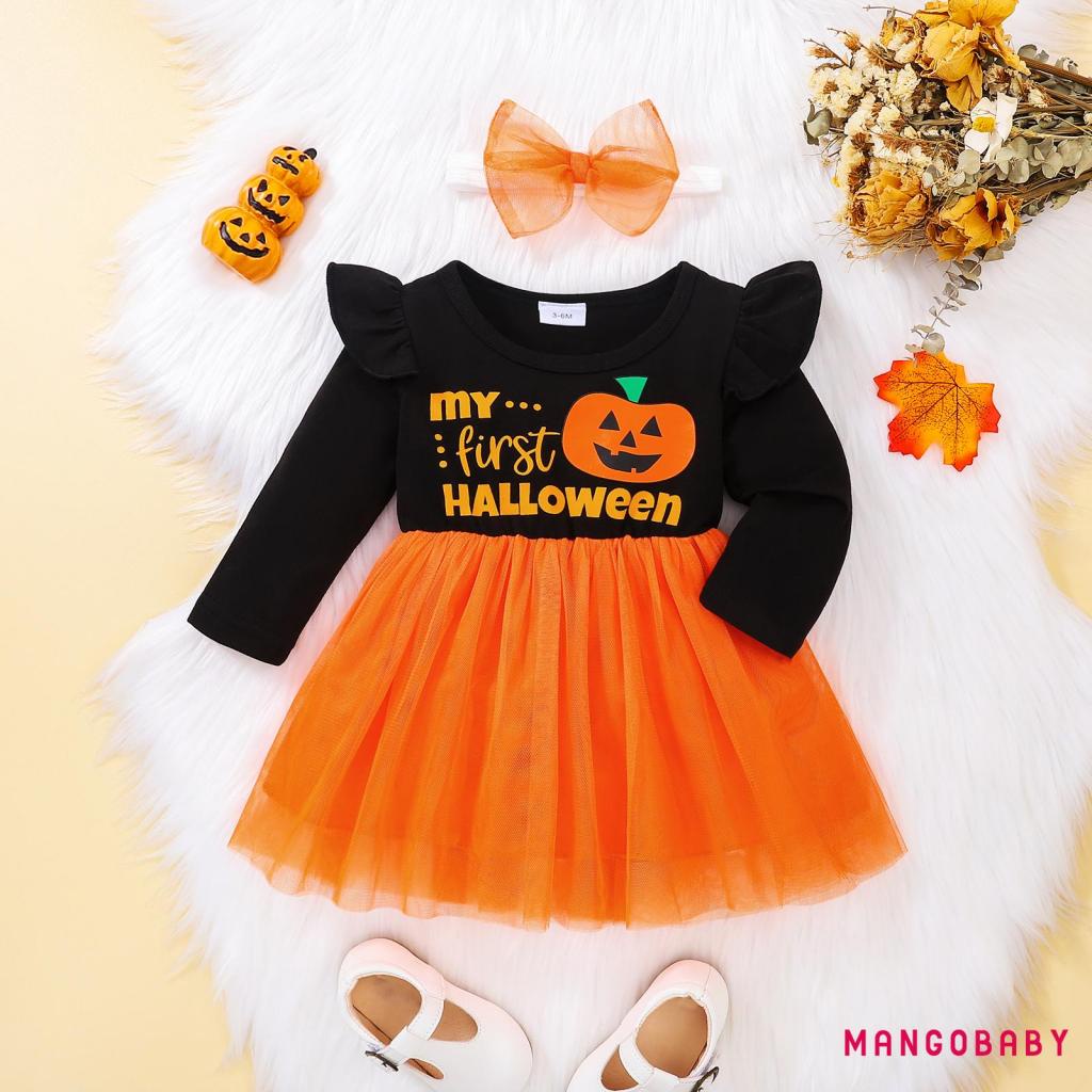 Bộ Đầm Tay Dài Phối Lưới In Chữ + Băng Đô Nơ Phong Cách Halloween Cho Bé Gái Sơ Sinh