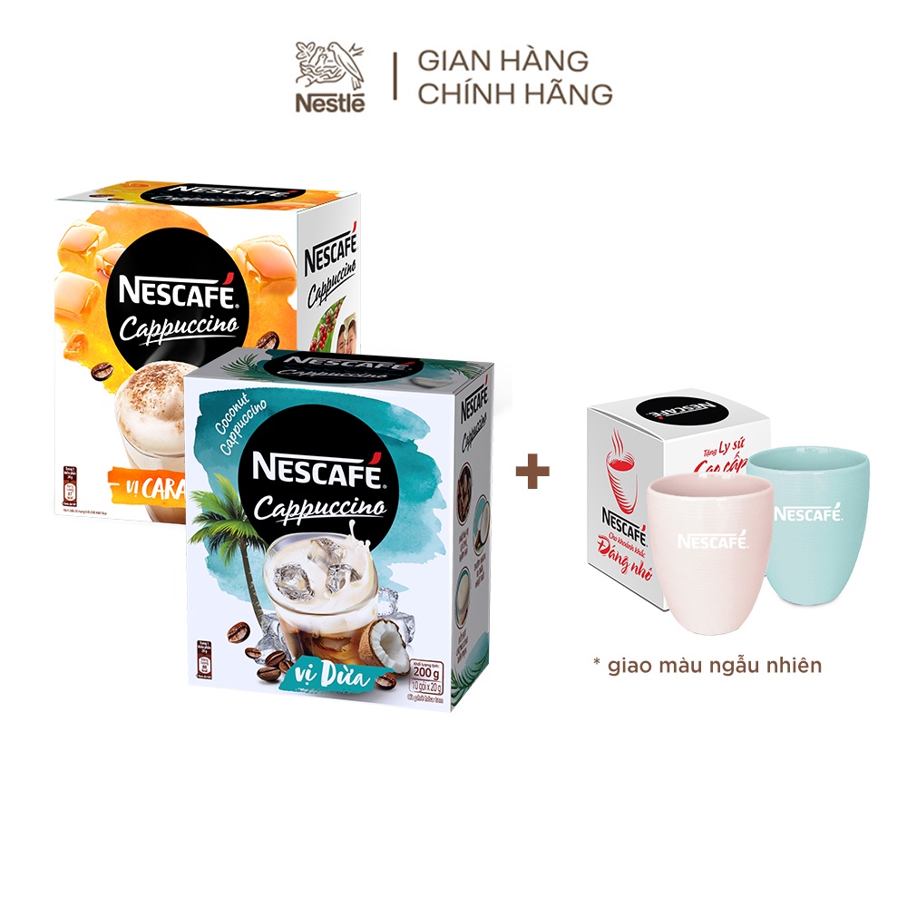 [Tặng 2 ly sứ pastel màu ngẫu nhiên]Combo 2 hộp cà phê hòa tan Nescafe Cappuccino: Vị dừa + Vị caramel(10 gói/hộpx20g) | BigBuy360 - bigbuy360.vn