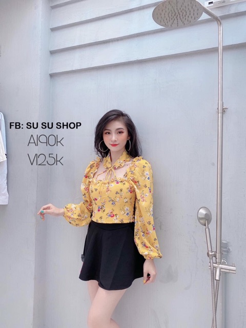 Áo kiểu voan hoa kèm chocker cổ Hình thật trải sàn 100%