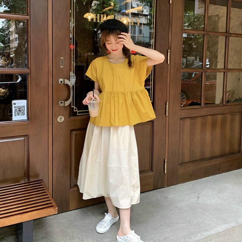 Set áo babydoll nơ kèm chân váy dài có lót như hình