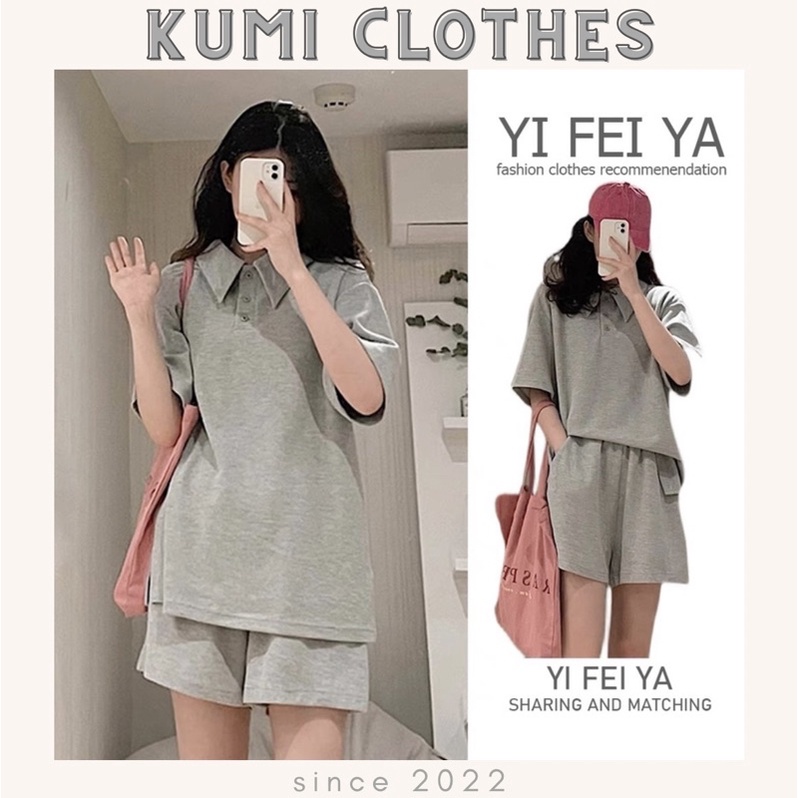 Set Bộ Đồ màu xám form rộng unisex, áo thun tay lỡ cổ polo chất vải thun gân kiểu dáng hàn quốc