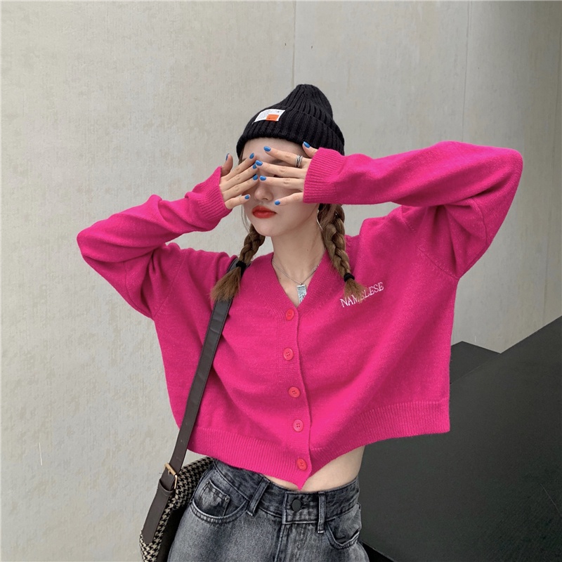 Áo khoác cardigan dệt kim cổ chữ V thêu chữ phong cách Hàn Quốc