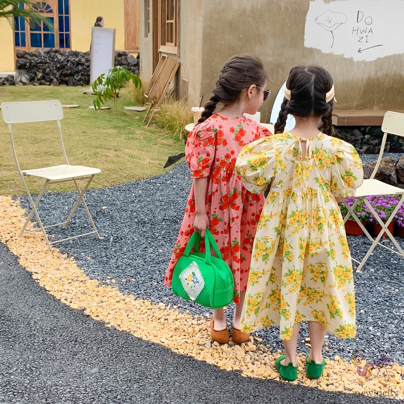 Đầm Tay Phồng In Họa Tiết Hoa Phong Cách Hàn Quốc Thời Trang Mùa Hè Cho Bé Gái