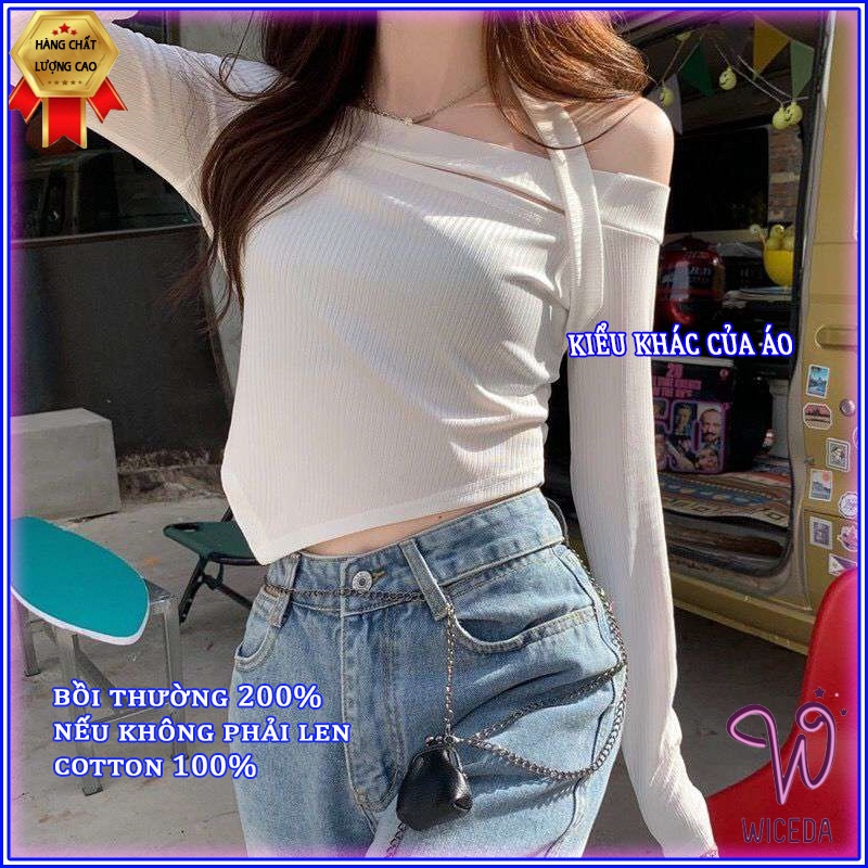Áo croptop dài tay trễ vai gấu lệch xinh , ao thun nữ kiêu đẹp chất len tăm 100% cotton 2 màu đen trắng Wiceda 451