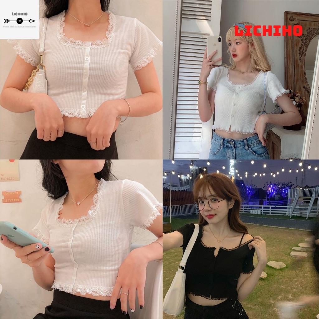 Áo croptop tay ngắn cổ vuông viền ren CT05 LICHHO ôm body gợi cảm quyến rủ co giản tốt | BigBuy360 - bigbuy360.vn