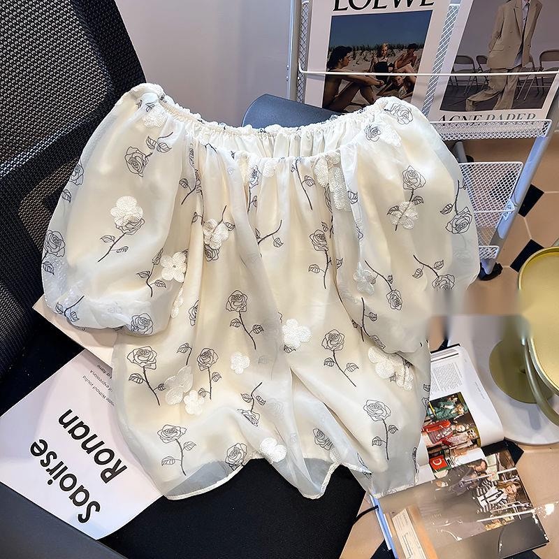 Áo Trễ Vai Tay Phồng Thêu Họa Tiết Hoa Phong Cách Hàn Quốc Dành Cho Nữ