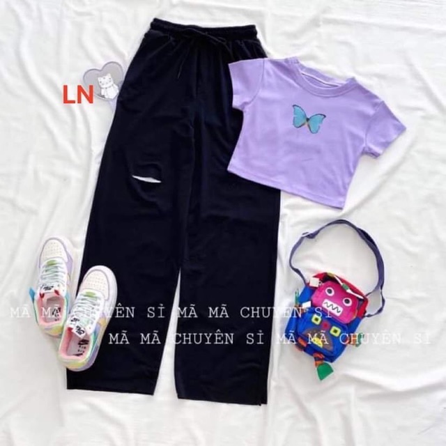 Set Áo thun crt bướm xanh ngực + quần ống rộng đen