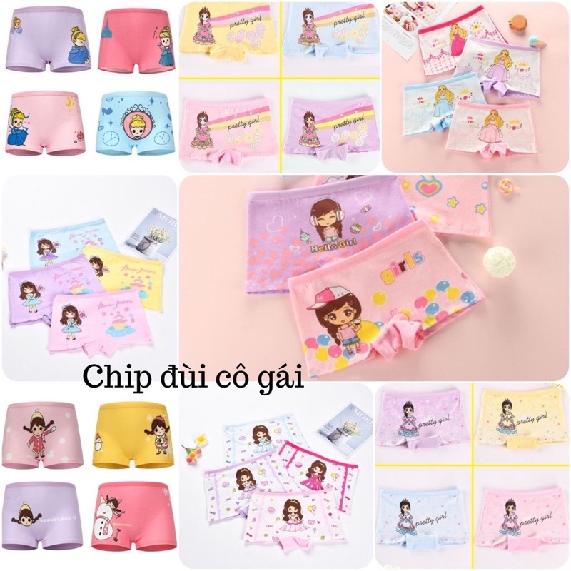 Quần chip đùi cotton, Quần chip đùi cho bé 2-12 tuổi hình cô bé nhiều màu sắc co giãn và thấm hút tốt