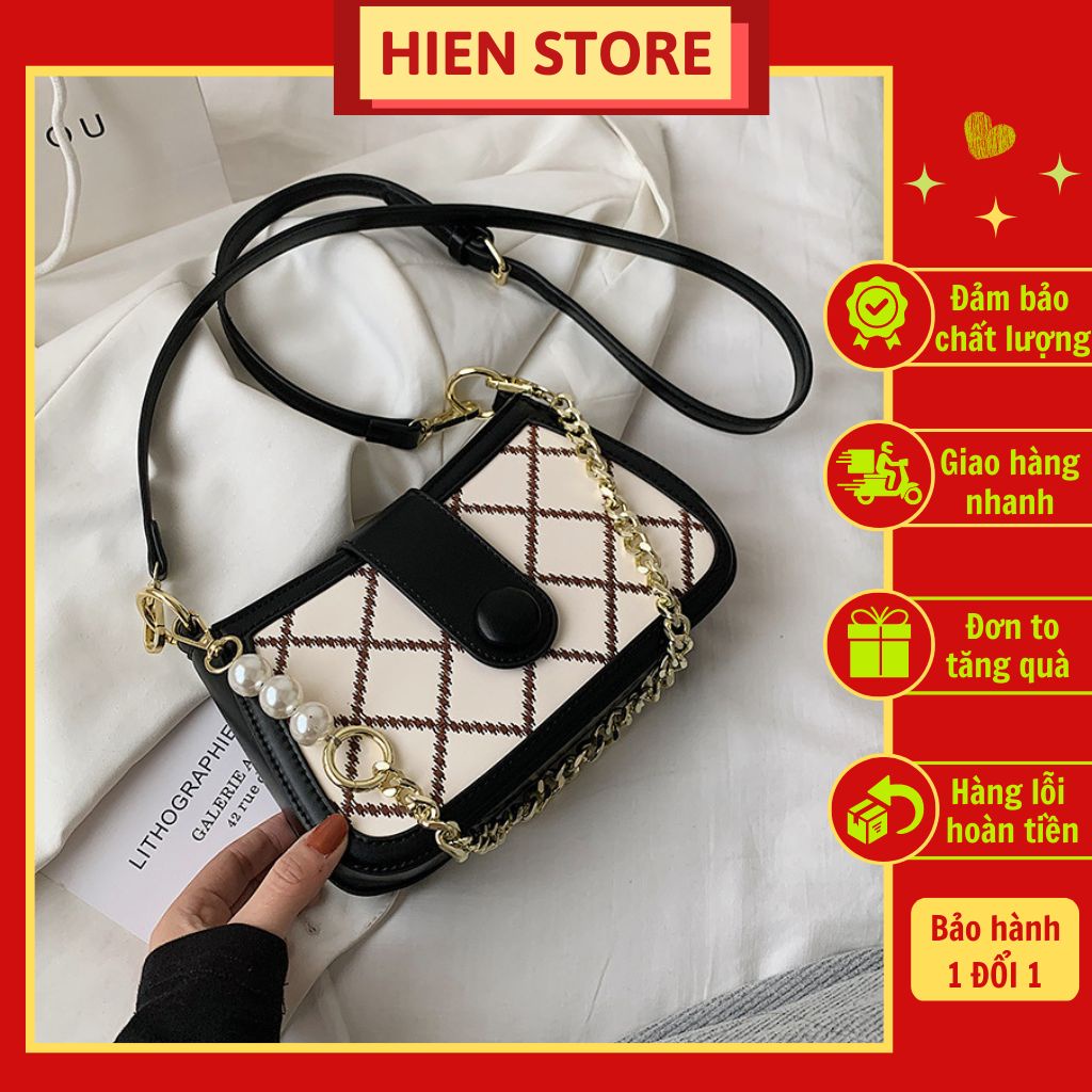 Túi sách nữ kẻ ca ro kèm xích ngọc kẹp nách đeo chéo thiết kế sang trọng phù hợp cho sinh viên học sinh