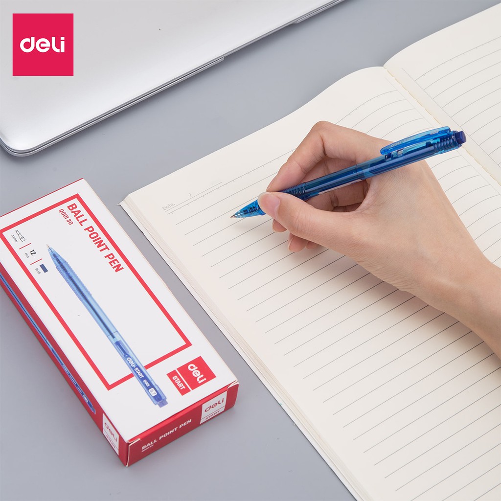 Bút bi văn phòng mực xanh đen đầu bấm ngòi 0.7mm Deli nét viết đều thiết kế đệm tay cao su chống trượt chất lượng cao