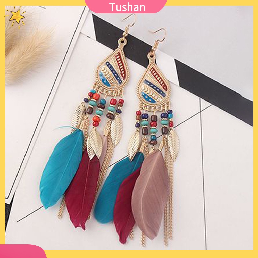 Khuyên tai dáng dài đính lông vũ phong cách thanh lịch dành cho nữ