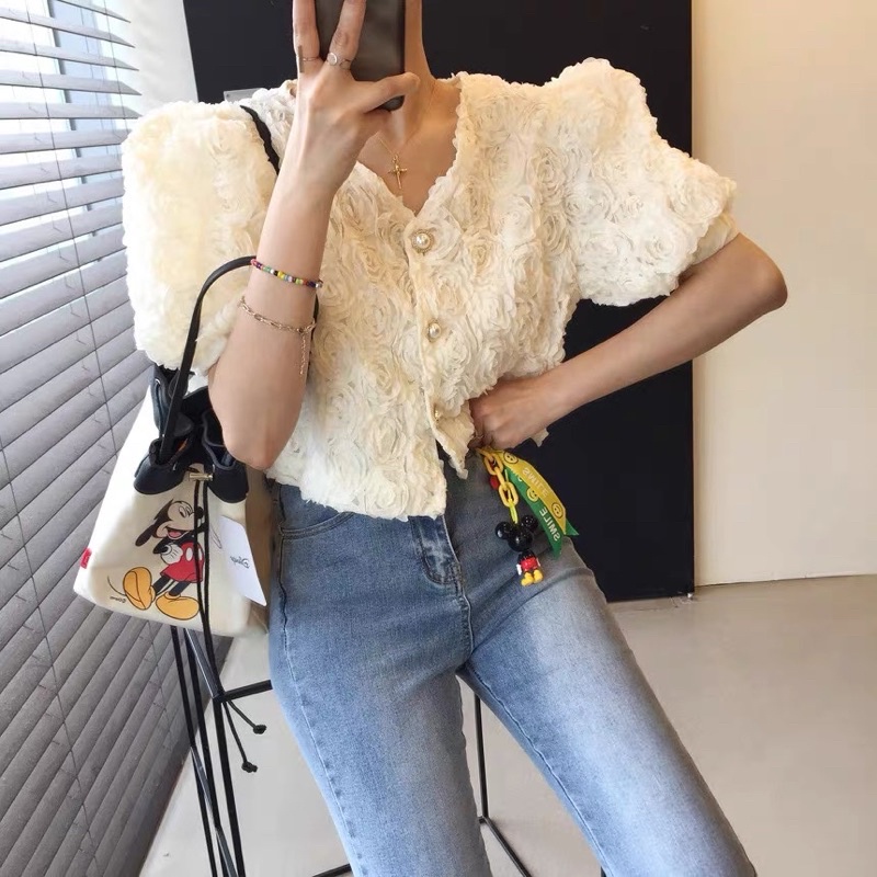 Áo croptop nút ngọc hoa hồng ren xinh xắn thanh lịch phong cách ulzzang Hàn Quốc SAM SAM BOUTIQUE