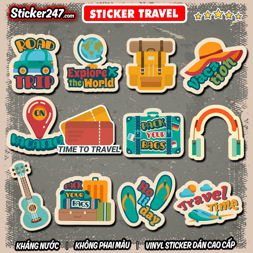 Sticker Travel Vintage 🌈𝑭𝒓𝒆𝒆𝒔𝒉𝒊𝒑 Sticker Dán Vali Du Lịch, Dán Mũ Bảo Hiểm, Laptop, Đàn Guitar - Hình Dán Chống Nước