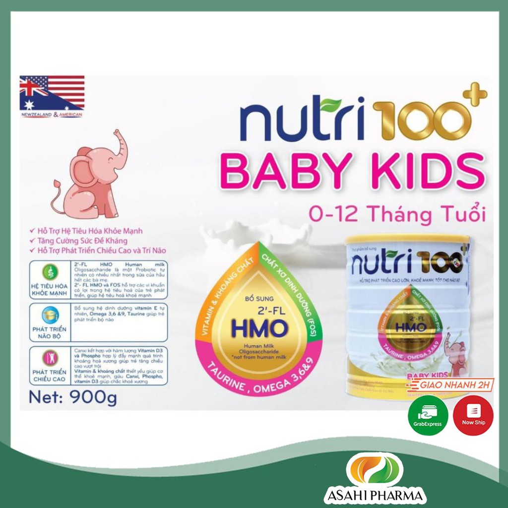 Sữa bột dinh dưỡng cho bé NUTRI 100+ Baby Kids giúp phát triển trí não, tăng cường chiều cao (900g)