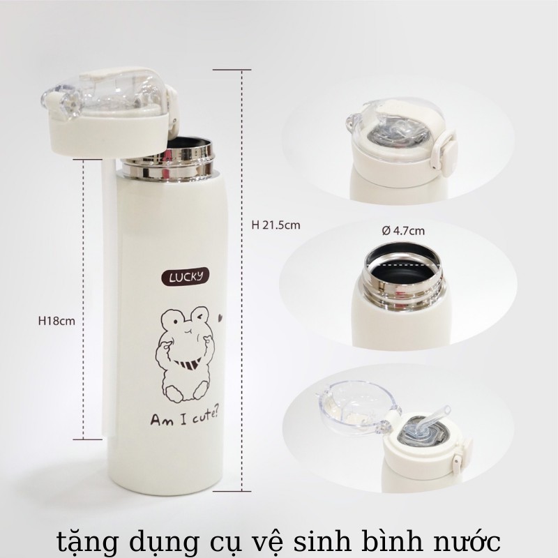 Bình giữ nhiệt INOX 304 dung tích 500ml họa tiết hình gấu dễ thương có ống hút có dây | BigBuy360 - bigbuy360.vn