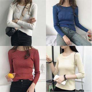 Áo Thun Dệt Kim Dáng Ôm Tay Dài Cổ Tròn Thời Trang Màu Trơn Dành Cho Bạn Nữ Mặc Trong Mùa Đông