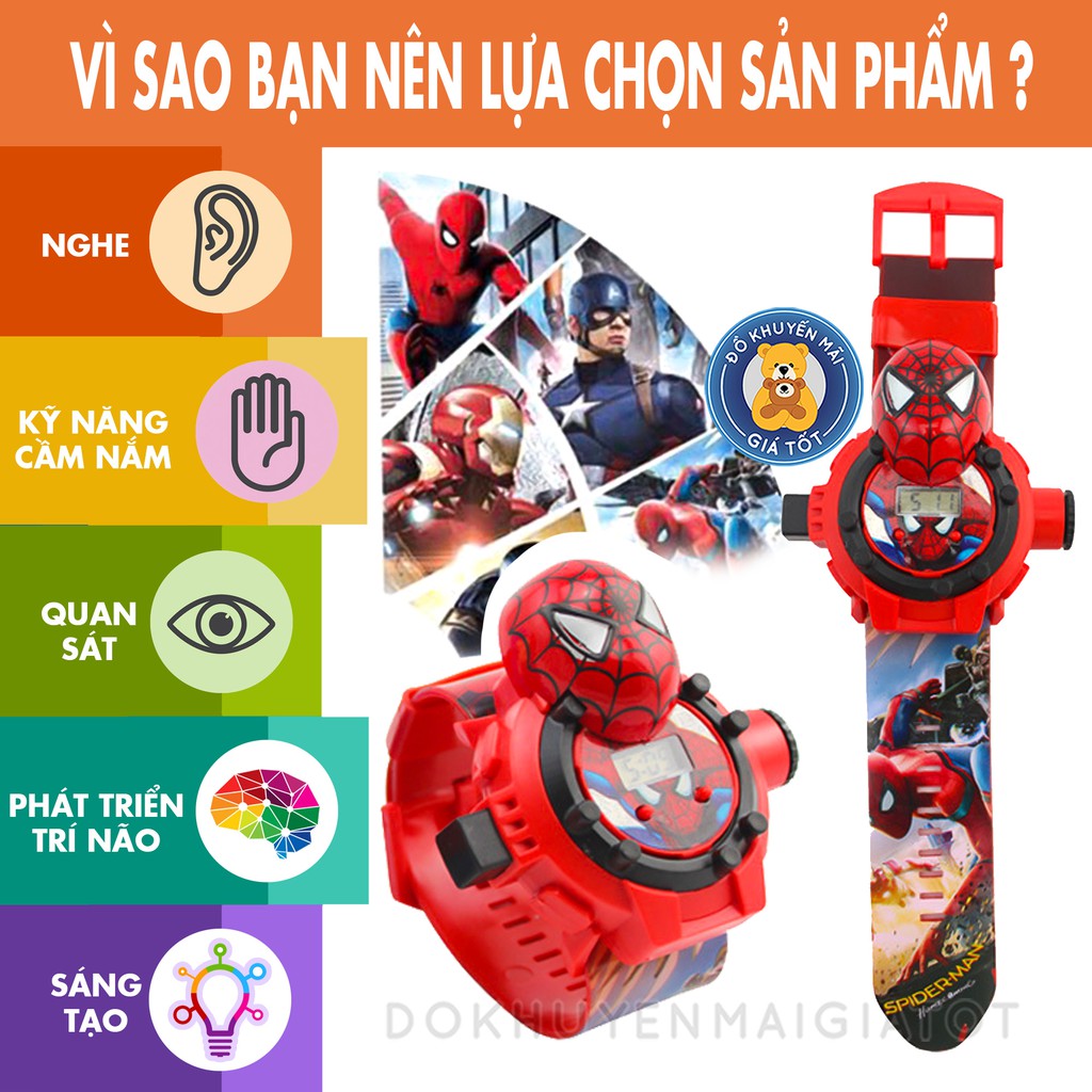 Đồ chơi cho bé  COMBO  Xe ô tô đồ chơi chạy trớn 12 nhân vật hoạt hình P7 kèm đồng hồ chiếu hình mẫu người nhện cho bé