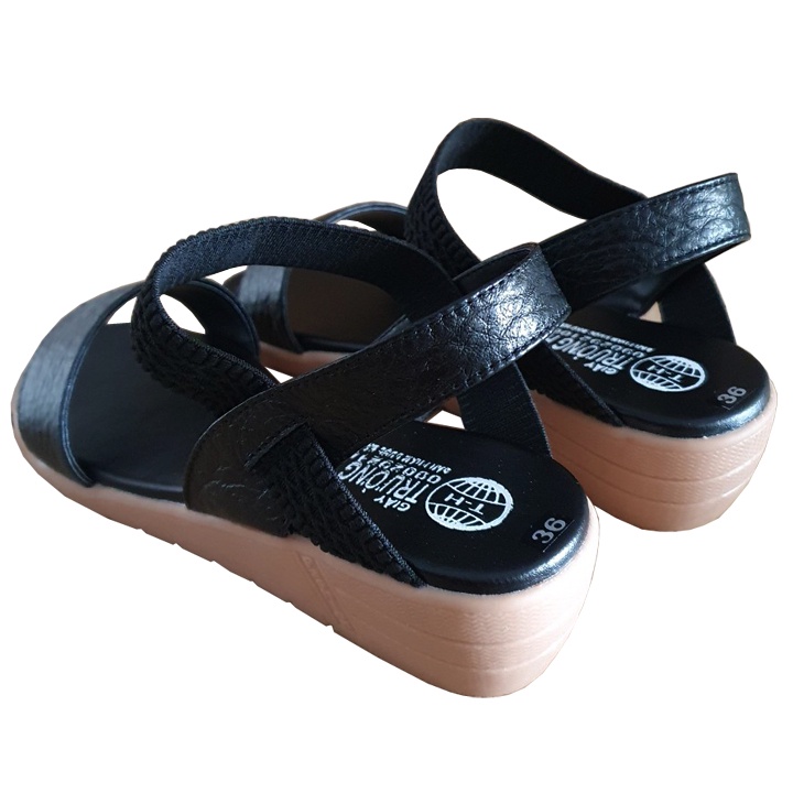 Giày xăng đan nữ đế xuồng 5cm Trường Hải da bò thật màu đen  đế kếp mềm không trơn XD123