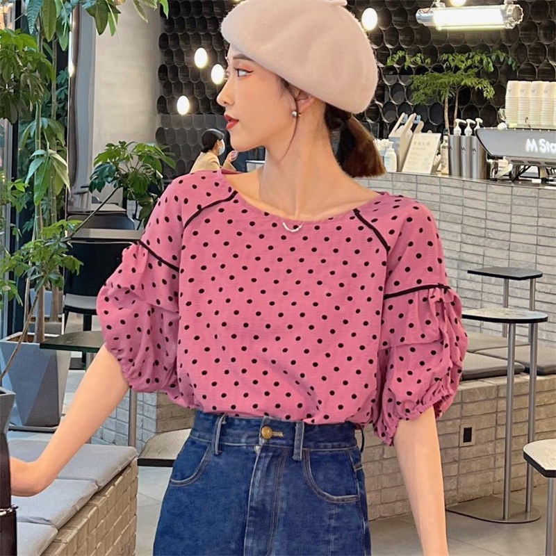 Áo Sơ Mi Chiffon Tay Ngắn Phồng Cổ Tròn Họa Tiết Chấm Bi Thời Trang Mùa Hè Hàng Mới