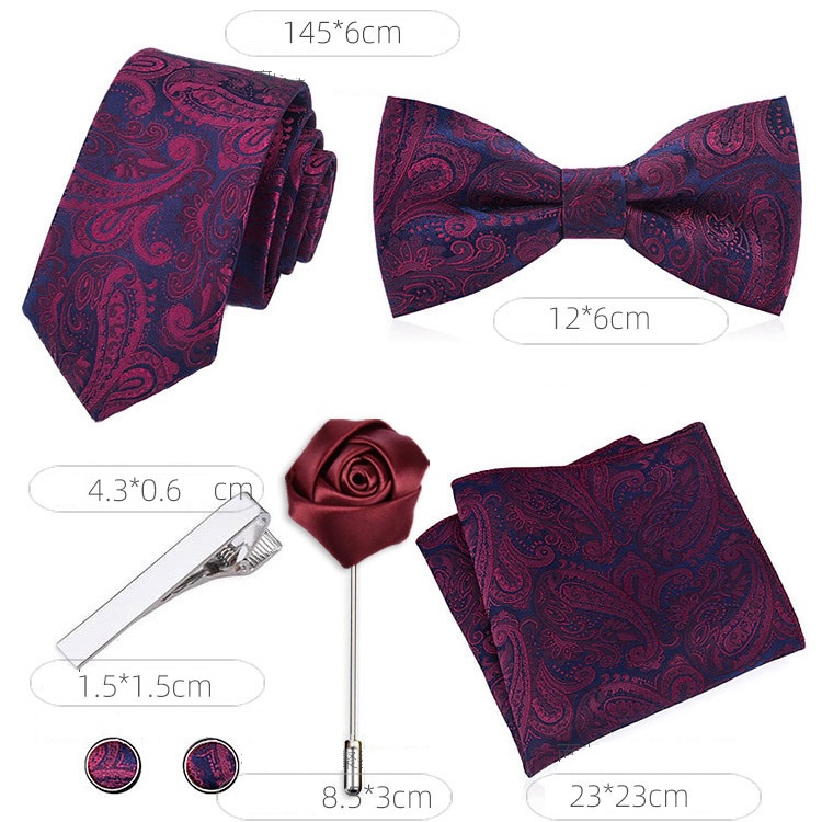 Combo 6 món Cavat 6cm, Nơ cài cổ áo, Khăn cài túi áo, kẹp cavat, măng-set cài áo, trâm cài áo, Cravat chú rể, calavat