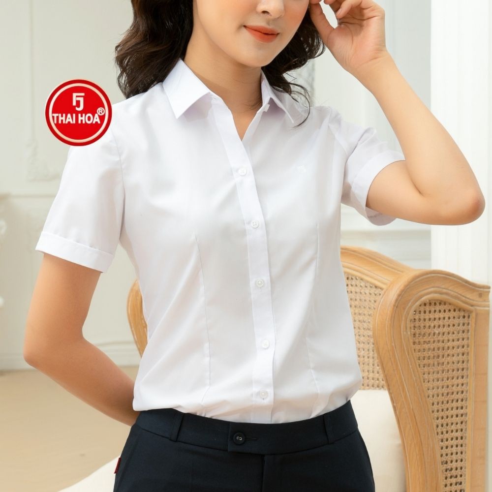 Áo sơ mi nữ Thái Hòa N047 màu trắng kiểu dáng công sở ngắn tay chất vải cotton