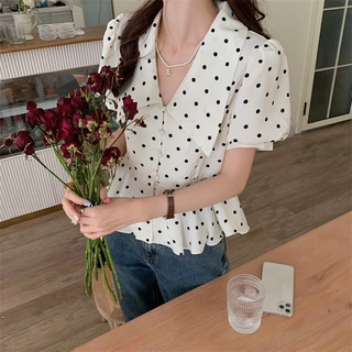 Áo sơ mi chiffon tay ngắn phồng họa tiết chấm bi phong cách mới 44237
