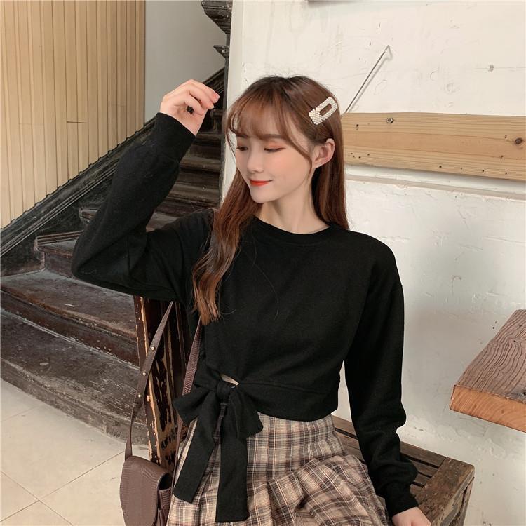 Áo Sweater Cotton Mỏng Tay Dài Dáng Rộng Lưng Cao Màu Trơn Thời Trang Hàn Quốc 2022 Cho Nữ