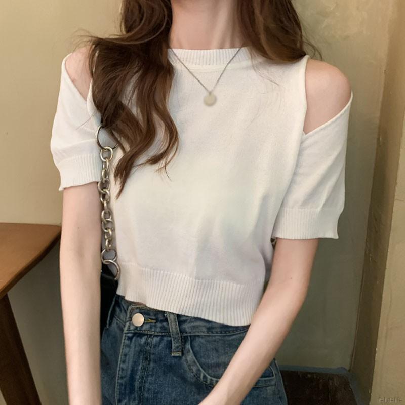 Áo thun tay ngắn màu trơn dáng rộng thiết kế hở vai quyến rũ trẻ trung dành cho bạn gái
