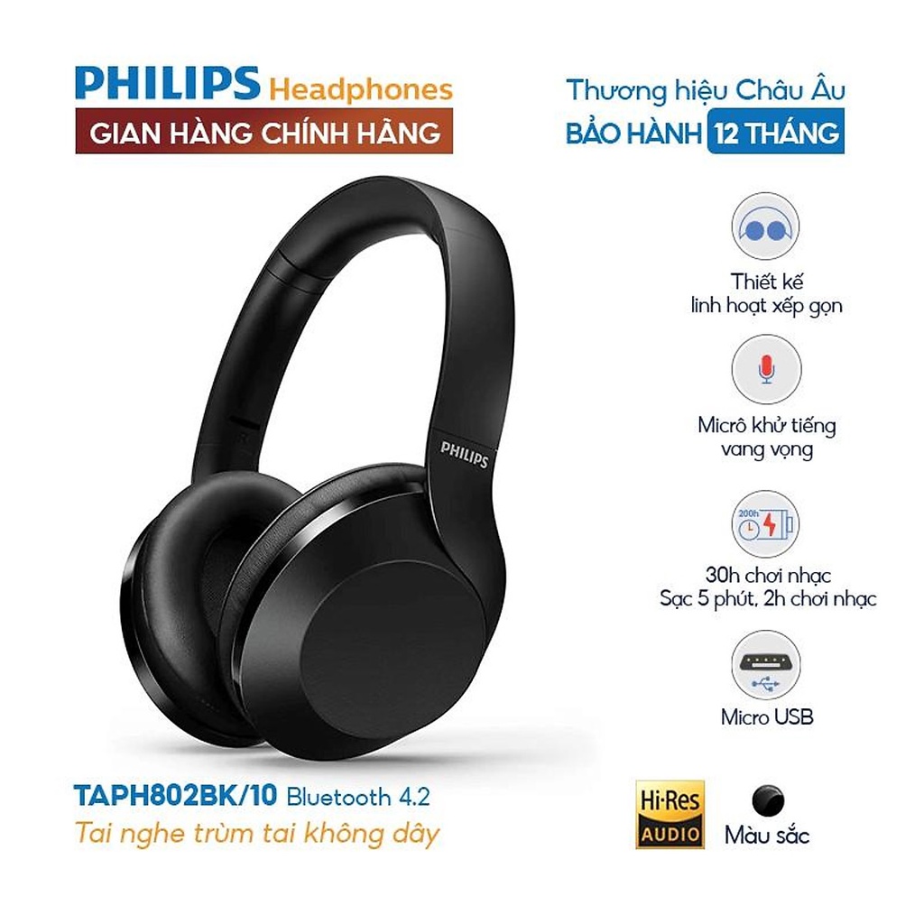 Tai nghe Bluetooth Philips Hi-Res Audio - TAPH802BK/00