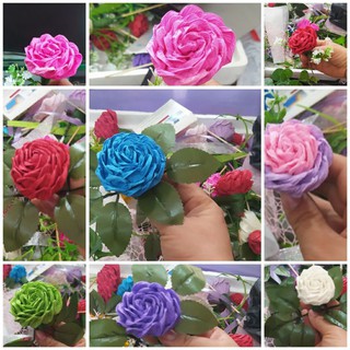 hoa hồng giấy nhún 1 bông có cành có lá cỡ 7cm