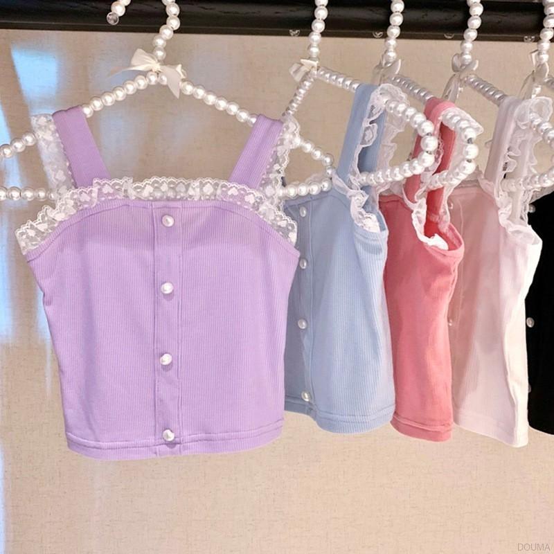 Áo hai dây chất liệu cotton phối ren thời trang mùa hè phong cách Hàn Quốc xinh xắn cho bé gái