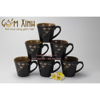 Cốc sứ Bát Tràng_Tách sứ thấp quai điệu khắc trúc (45.000đ/1 cái)