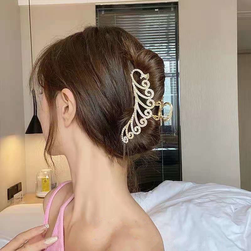 Kẹp tóc hình con công đính đá đính ngọc tinh tế sang trọng kẹp tóc kim loại sau đầu phong cách Hàn Quốc