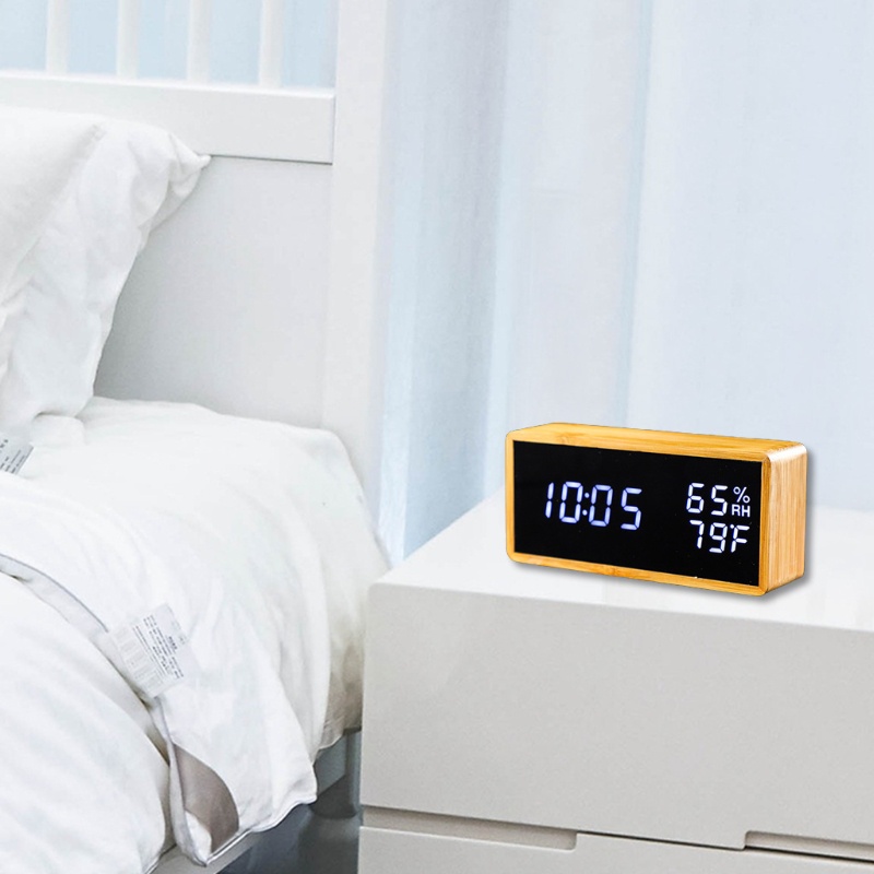 Đồng Hồ Báo Thức Điện Tử Để Bàn Bằng Gỗ Có Màn Hình Led Hiển Thị Nhiệt Độ Và Độ Ẩm Đa Năng