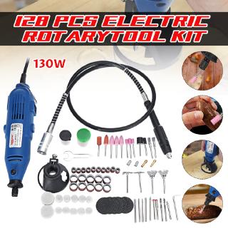 Bộ máy khoan điện mini 130W 128 món đánh bóng mài nhẵn dùng cho khắc gỗ/ngọc bích