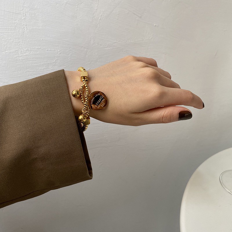 Vòng tay chuỗi hạt tròn bằng nhựa mạ vàng 18k phong cách Âu Mỹ thời trang cho nữ