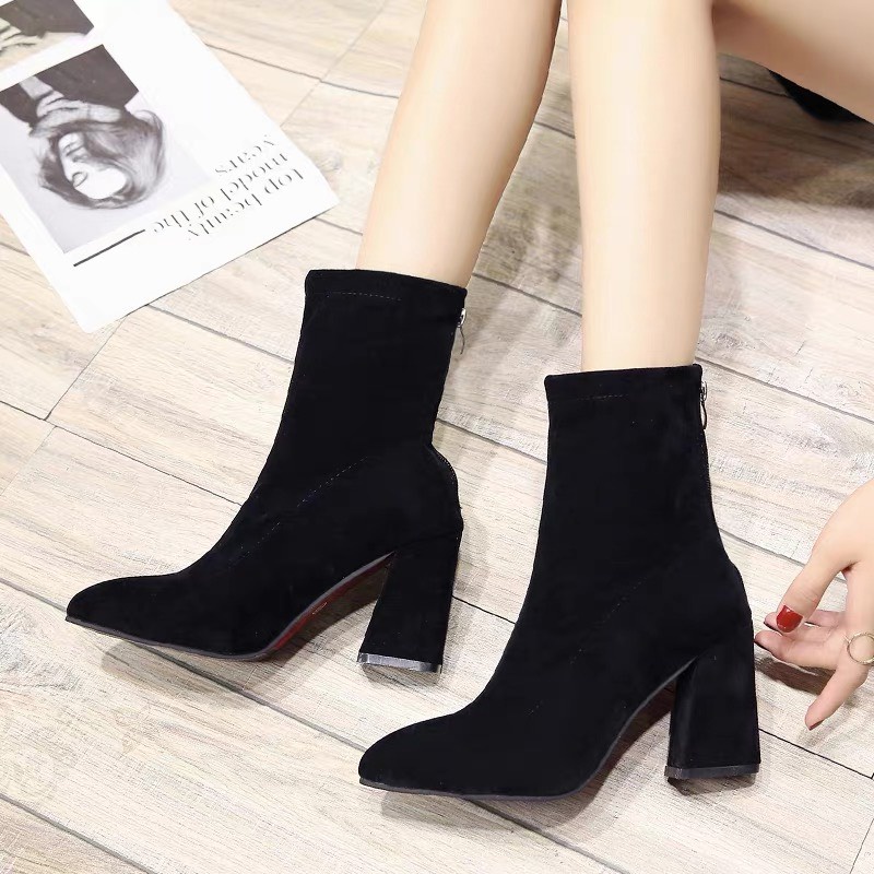 [Free Ship - Hàng Loại Đẹp] - Giày Boots Nữ Cổ Lửng Chất Da Lộn Đế Vuông Cao 7Cm - Bốt Nữ Cổ Ngắn Cao Gót kéo Khóa Sau | BigBuy360 - bigbuy360.vn