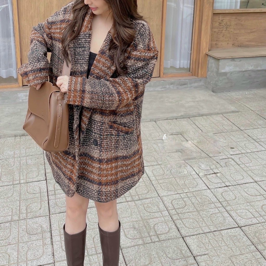 Áo khoác dạ nữ Loại 1 thiết kế 2 lớp màu kẻ nâu tây siêu xinh, Áo khoác nữ mùa đông cổ vest công sở rẻ đẹp