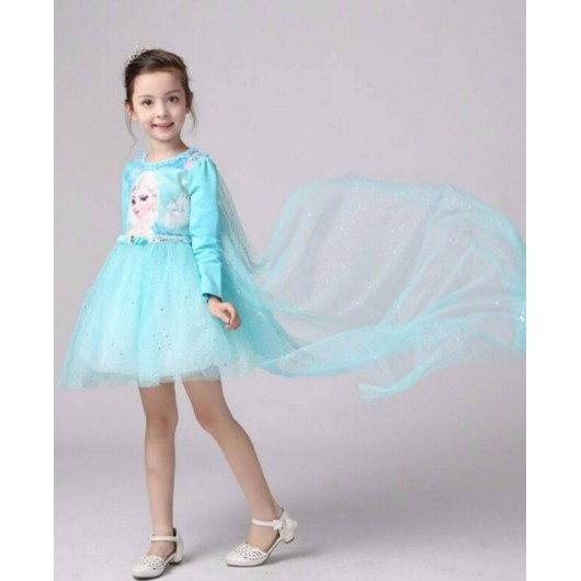 Váy Đầm Công Chúa Elsa Thu Đông Dài Tay Cho Bé Gái Màu Xanh Hồng